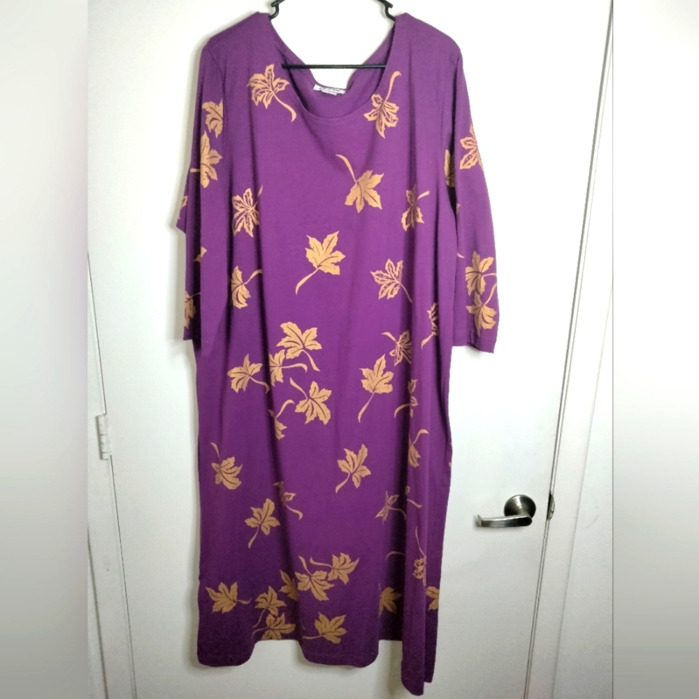 M. Mac (Sz 2X) Purple & Gold Floral Cotton Half Sleeve Vent Hem Midi/Maxi Dress
